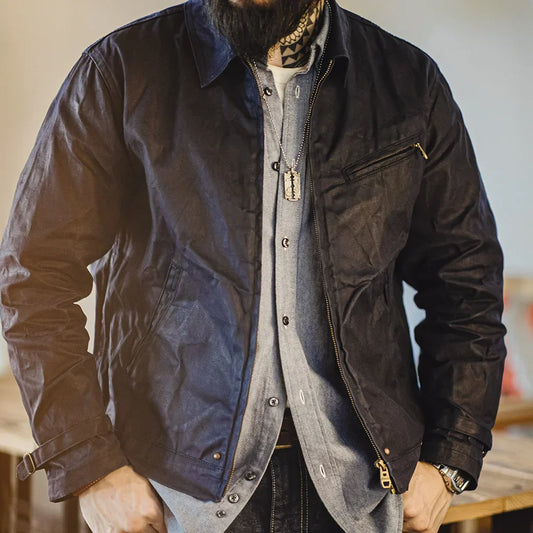 NENOKEN | Vintage herenjack van gewaxt canvas - IV design met rits & reverskraag, kort model, slanke pasvorm voor lente & herfst